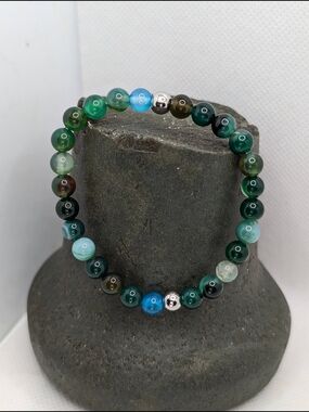 Green & Blue Agate Bead Bracelet Hand Crafted